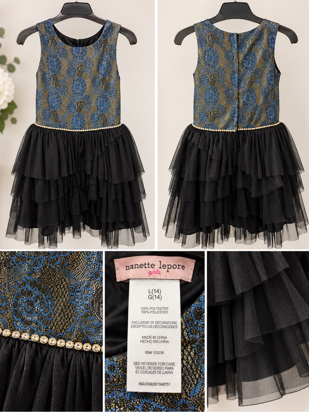 Nannette Blue and Gold Brocade Bodice with Black Tiered Tulle Skirt